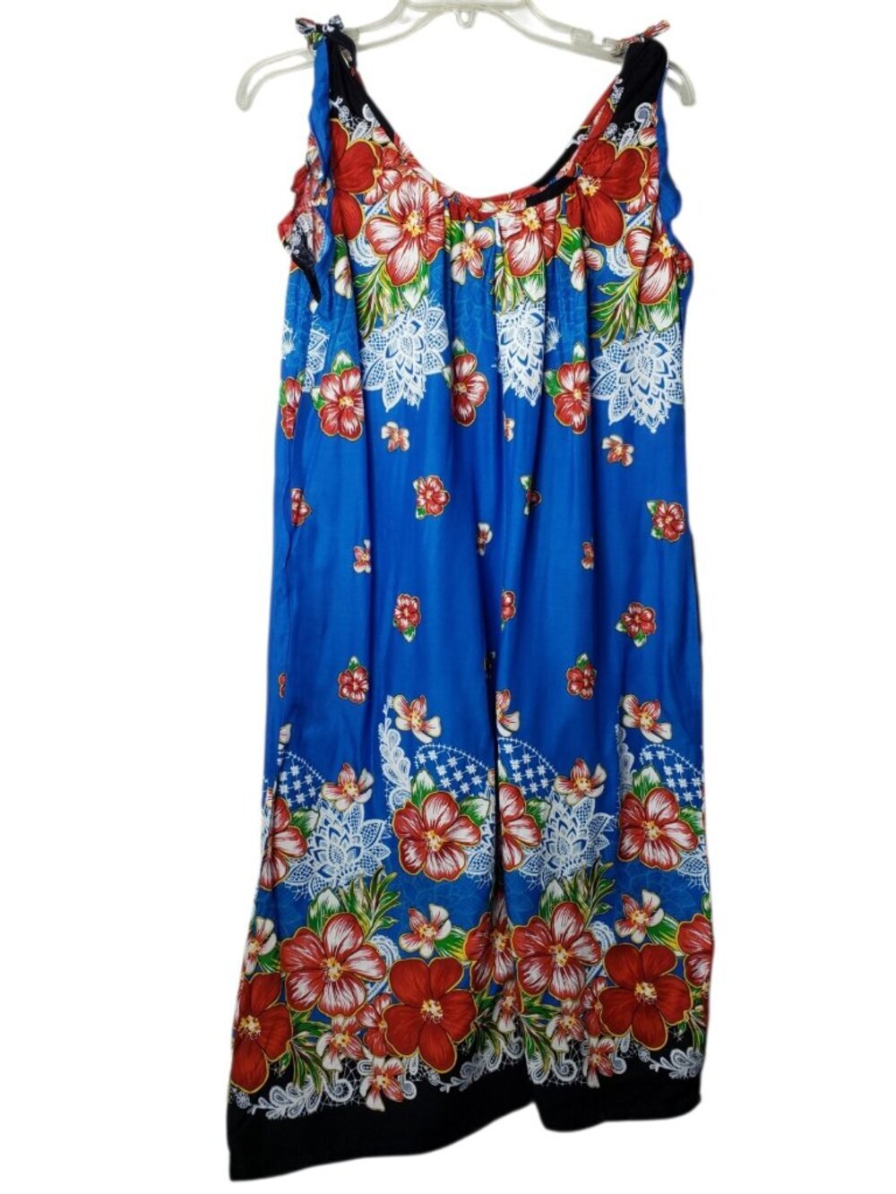 Hawaiian Vtg Floral Sleeveless Hibiscus Print Dress Blu/Red White Large - Picture 3 of 8